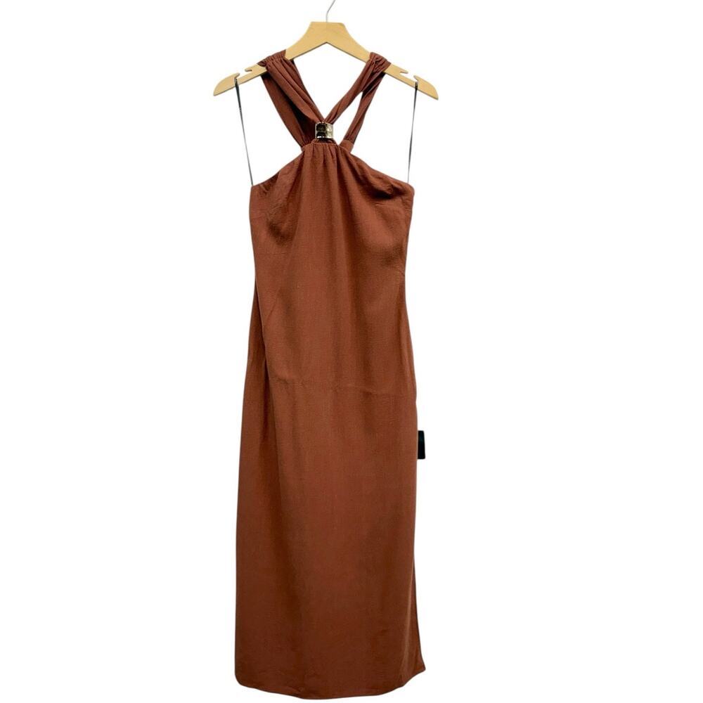 Lulus Calessia Rust Brown Linen Halter Neck Midi Dress size Medium NWT - Picture 2 of 6
